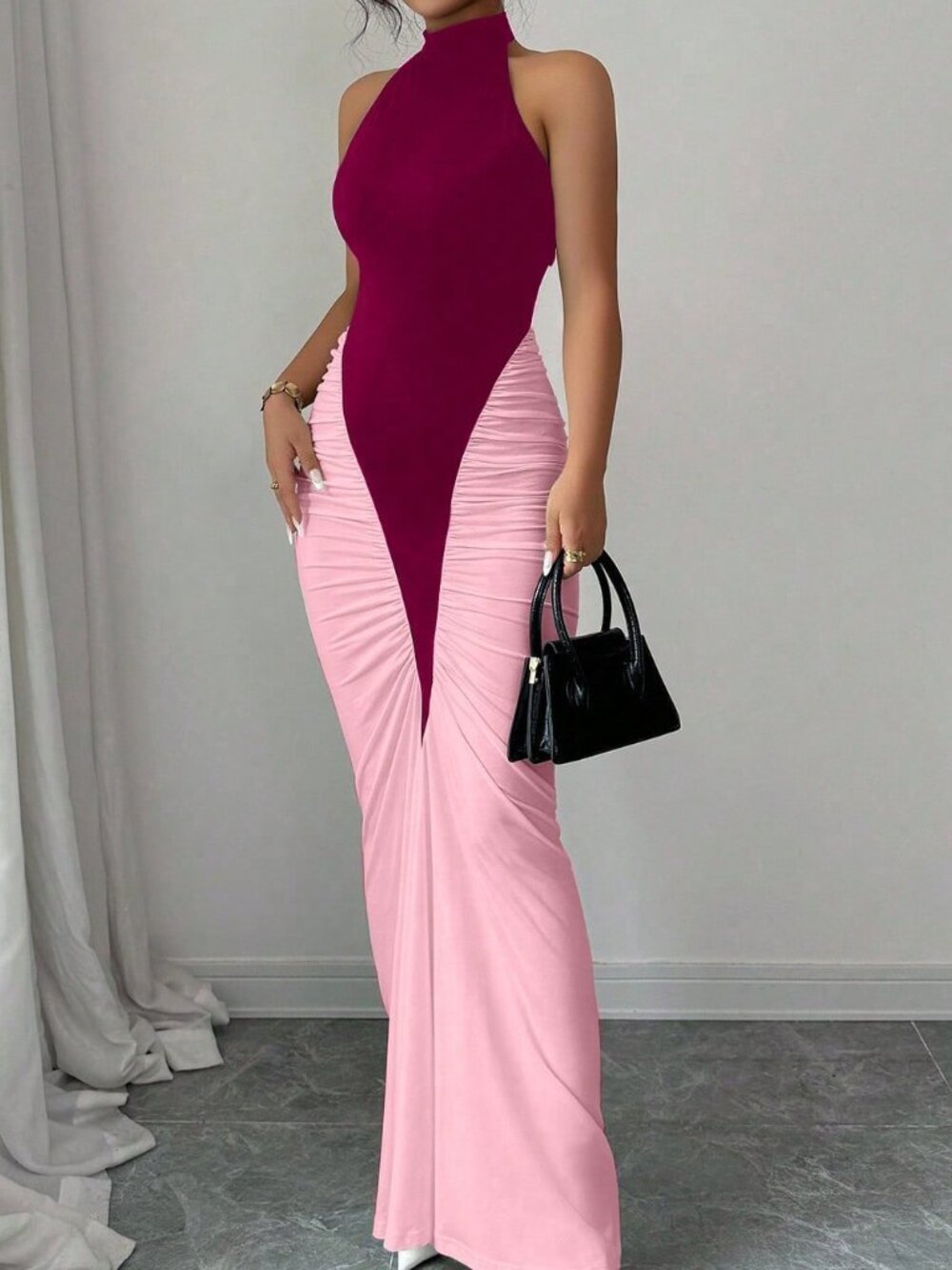 Elegant Multicolor Women's Color Block Fishtail Hem Dress - Picture 5 of 6